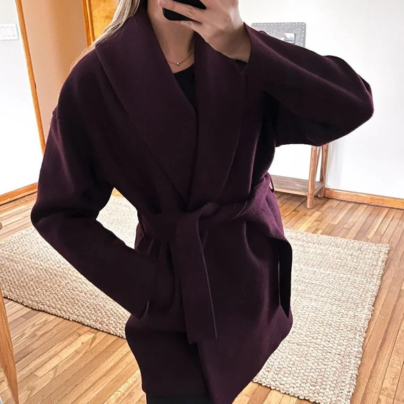 Harris Wharf London Purple Collared Wool Blend Tie Waist Classic Trench Coat 42 - Picture 1 of 9